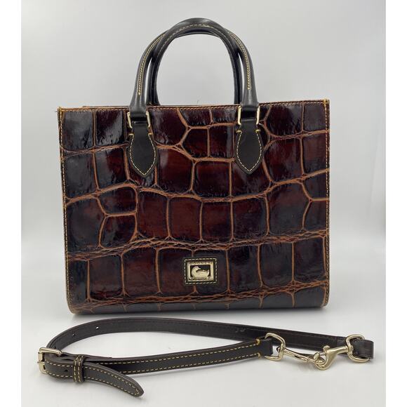 Dooney & Bourke Janine Crocodile Embossed Leather Satchel Handbag Purse Brown - Picture 1 of 16